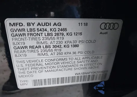 2019 Audi Q5 45 Premium z USA, uszkodzony, nr VIN WA1BNAFY0K2028315